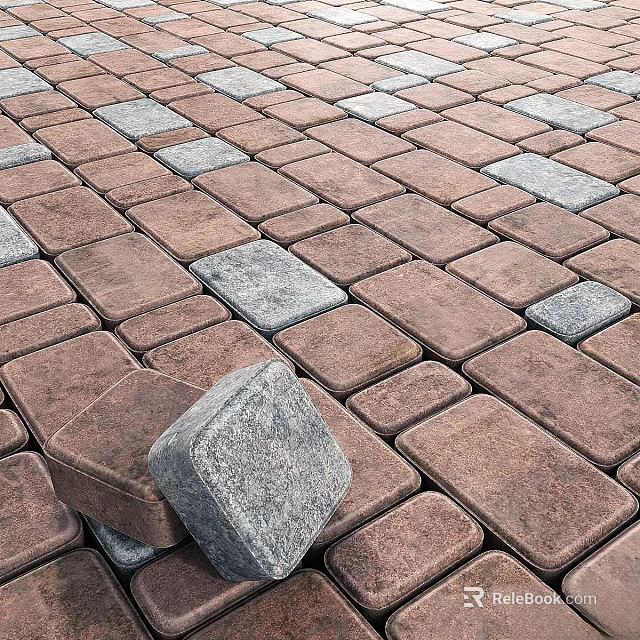 Paved Ground Surface With Brown And Gray Interlocking Bricks And Loose Stone Block 3d model 