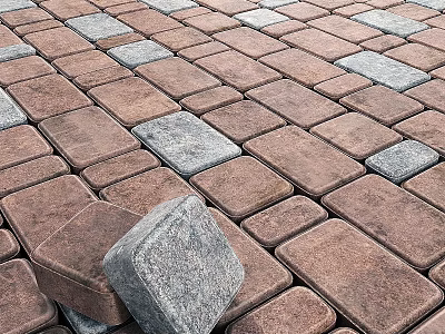 Paved Ground Surface With Brown And Gray Interlocking Bricks And Loose Stone Block 3d model