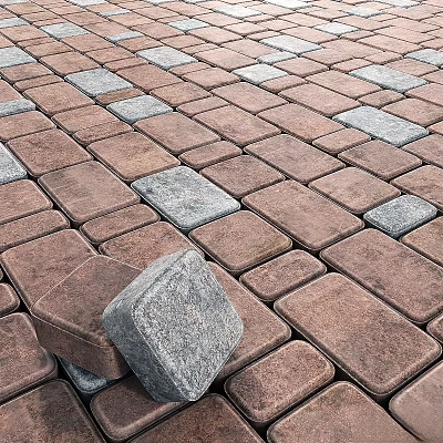 Paved Ground Surface With Brown And Gray Interlocking Bricks And Loose Stone Block 3d model