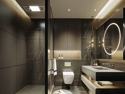 Modern Dark Bathroom Interior With Tile Walls Shower Area Round Mirror And Vanity 3d model