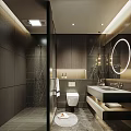Modern Dark Bathroom Interior With Tile Walls Shower Area Round Mirror And Vanity