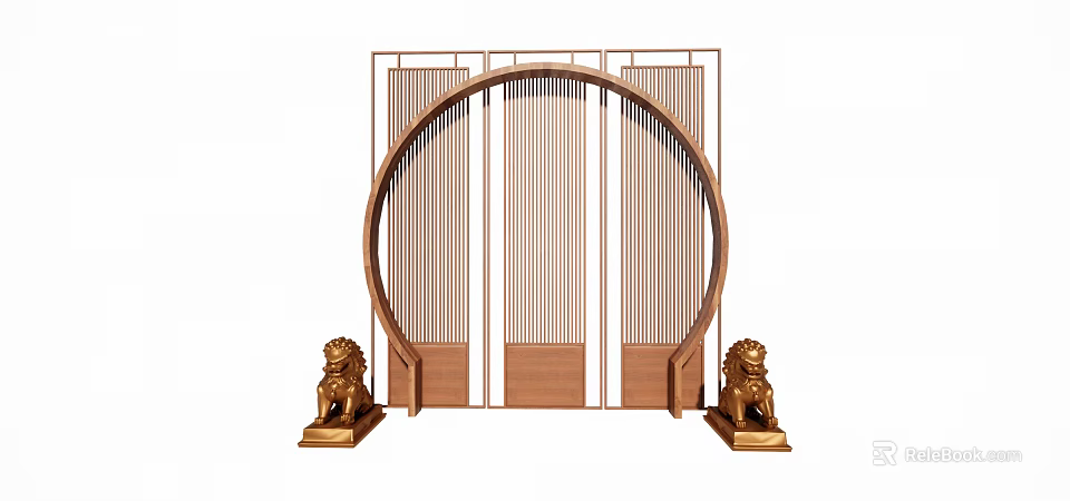 Traditional Chinese Circular Screen With Golden Lion Statues And Vertical Slats 3d model 