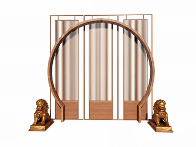 Traditional Chinese Circular Screen With Golden Lion Statues And Vertical Slats 3d model