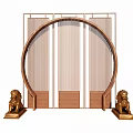 Traditional Chinese Circular Screen With Golden Lion Statues And Vertical Slats