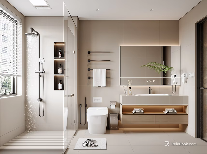 Modern Bathroom Interior With Glass Shower White Toilet Vanity Mirror And Potted Plant 3d model 