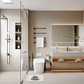 Modern Bathroom Interior With Glass Shower White Toilet Vanity Mirror And Potted Plant