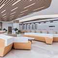 Modern Service Hall Interior With Spacious Space Orange Seats Service Counters And Wooden Ceiling