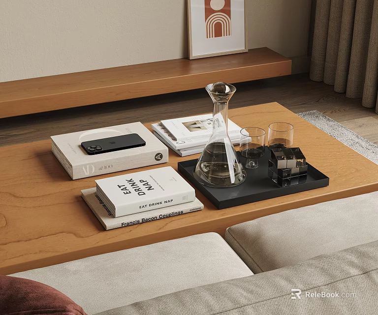Minimalist Decorative Ornament Set On Wooden Coffee Table With Books Black Tray Glass Carafe And Cups 3d model 