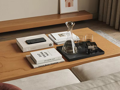 Minimalist Decorative Ornament Set On Wooden Coffee Table With Books Black Tray Glass Carafe And Cups 3d model