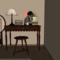 Classic Wooden Desk With Table Lamp Vintage Radio Stack of Books and Wooden Stool Near Bedroom Wall