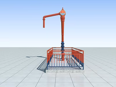Red Fire Hydrant With Red Railing Stand On White Tiled Floor Blue Sky Background 3d model