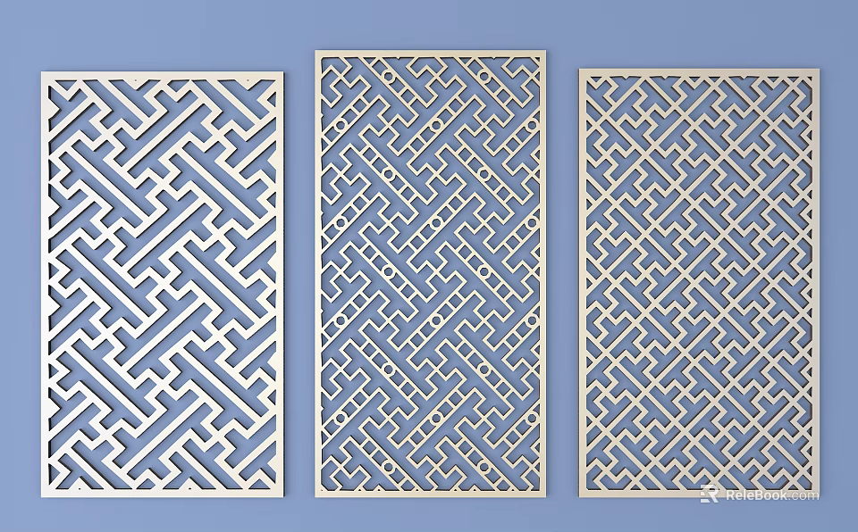 Elegant Three Lattice Windows with Intricate Geometric Patterns on Blue Background 3d model 