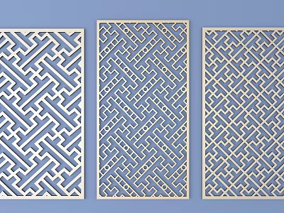 Elegant Three Lattice Windows with Intricate Geometric Patterns on Blue Background 3d model