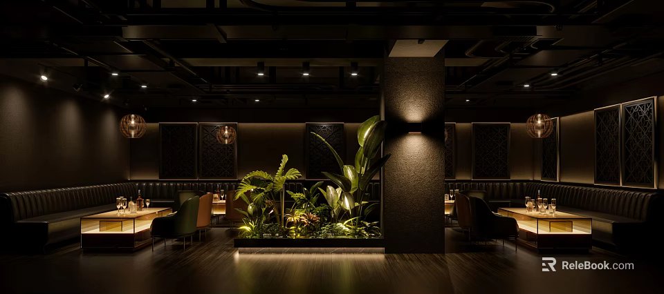 Stylish Bar With Dark Interior Lush Green Plants Ambient Lighting And Comfortable Seating 3d model 