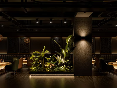 Stylish Bar With Dark Interior Lush Green Plants Ambient Lighting And Comfortable Seating 3d model