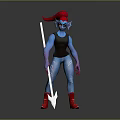 Fantasy Creature Character With Blue Skin Red Hair Holding Spear And Red Shoes