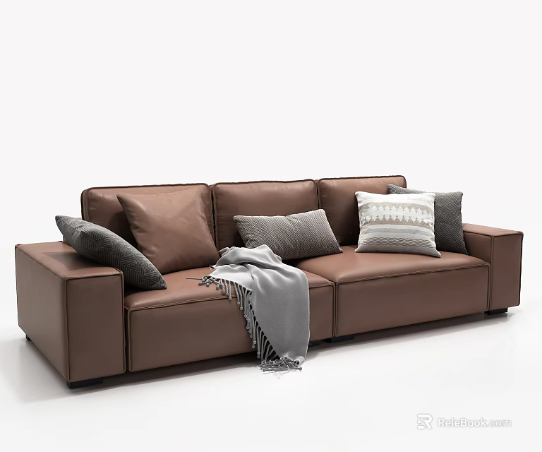 Modern Brown Leather Two Seater Sofa With Gray Pillows And Throw Blanket 3d model 
