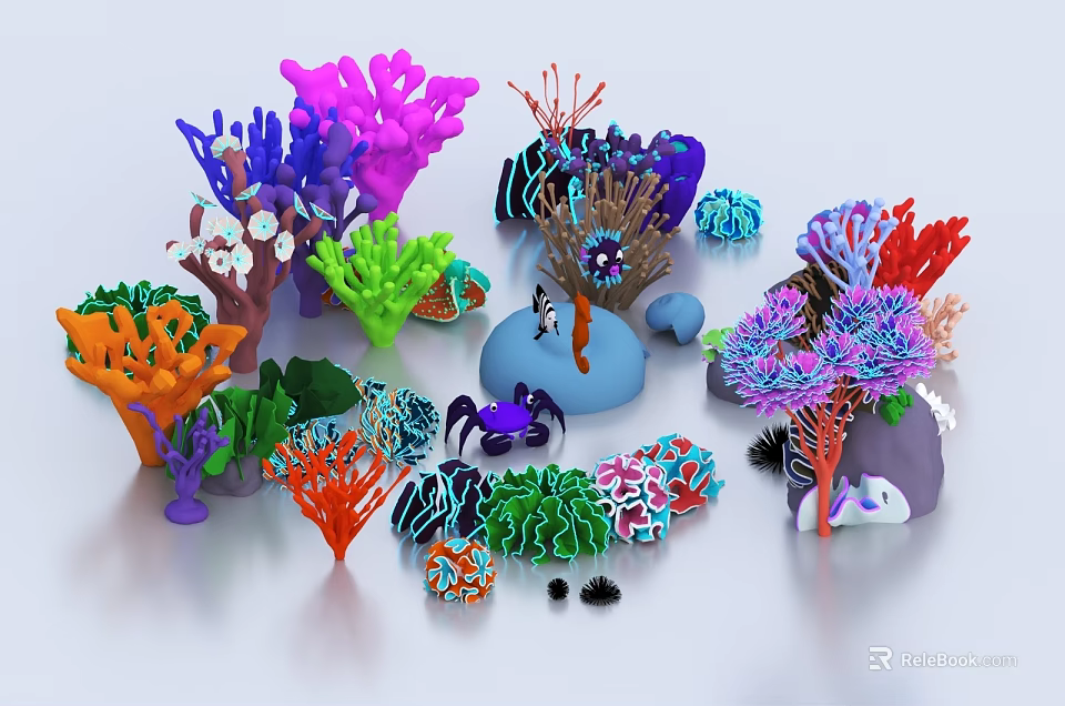 Colorful Coral and Sea Creature Models with Vibrant Hues and Diverse Shapes 3d model 