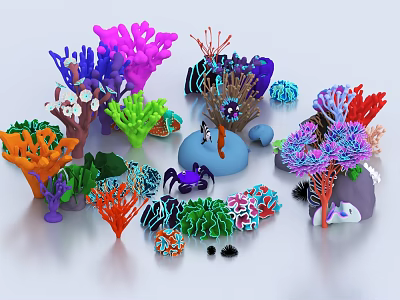Colorful Coral and Sea Creature Models with Vibrant Hues and Diverse Shapes 3d model