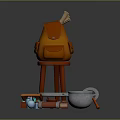 Colorful Daily Living Supplies Including Orange Backpack Red Stool And Metal Pot