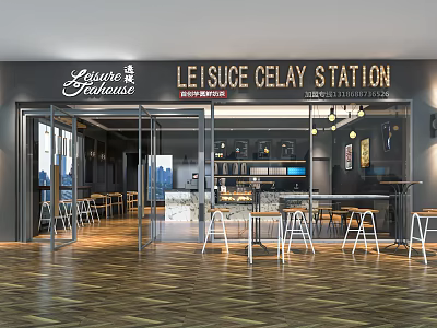 Milk Tea Shop Modern Storefront And Interior With Glass Doors Tables Chairs And Counter 3d model