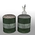 Green Barrel Style Stools with Upholstered Tops Small Vase and Green Plant Featuring Number 1985