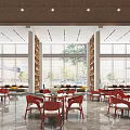 Modern Sales Office Interior With Red Chairs Wooden Ceiling And Bookshelves