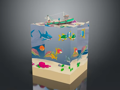 Colorful Underwater Animal Model With Shark Fish Octopus Seaweed And Small Boat 3d model