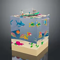Colorful Underwater Animal Model With Shark Fish Octopus Seaweed And Small Boat