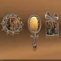 Three Decorative Mirrors with Radiant Bow and Cross Frames Reflecting Grid Patterns on Brown Background 3d model