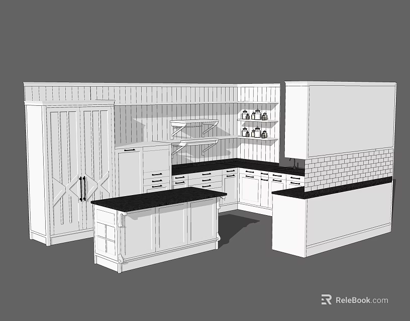 Traditional Kitchen Interior With Cabinet Island Counter And Wall Shelves 3d model 