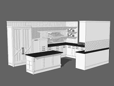 Traditional Kitchen Interior With Cabinet Island Counter And Wall Shelves 3d model