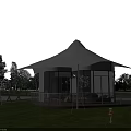 White Luxury Glamping Tent With Full Glass Walls And Cozy Outdoor Terrace On Green Meadow