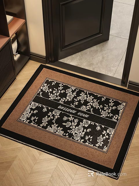 Stylish Square Rug With Floral Pattern And Welcome Home Lettering In Black Brown White Colors 3d model 
