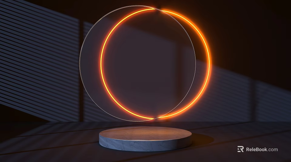 Modern Display Shelf with Orange Neon Ring Circular Marble Base and Striped Shadow Background 3d model 