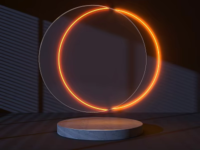 Modern Display Shelf with Orange Neon Ring Circular Marble Base and Striped Shadow Background 3d model