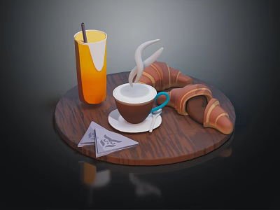 Hot Coffee With Steam Fresh Croissants And Orange Juice On Wooden Tray 3d model