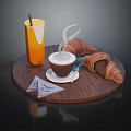Hot Coffee With Steam Fresh Croissants And Orange Juice On Wooden Tray