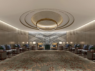 Elegant Conference Room Interior With Circular Ceiling Chandelier Wooden Walls And Patterned Carpet 3d model