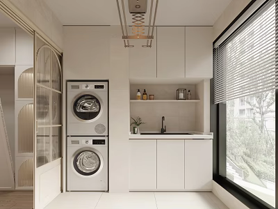Minimalist Home Balcony with Stacked Washer Dryer White Cabinets and Sink 3d model