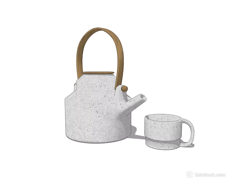 Modern Tea Set With Concrete Teapot And Mug Featuring Speckled Texture And Wooden Handle 3d model 