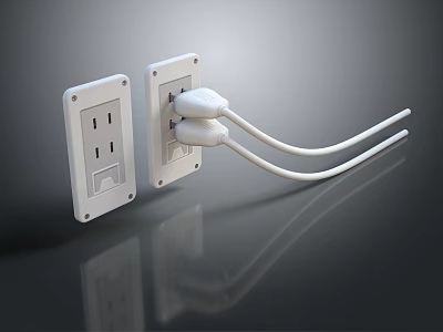 White Switch Panels With Two Plugs And Curved Cords On Dark Background 3d model