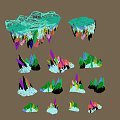 Scene Components With Black Rock Base And Blue Icy Crystals In Various Sizes Shapes