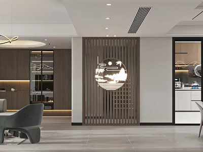 Modern Elegant Living Room Interior With Wooden Partition Circular Decoration Gray Sofa And Pendant Light 3d model