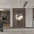 Modern Elegant Living Room Interior With Wooden Partition Circular Decoration Gray Sofa And Pendant Light