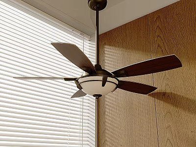 Modern Ceiling Fan Light with Wooden Wall and Window Blinds in Stylish Room Design 3d model