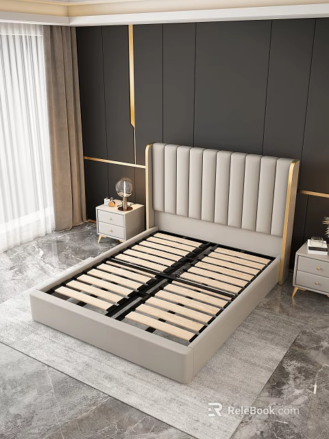 Modern Light Gray Upholstered Bed Frame with Gold Accents and Wooden Slats 3d model 