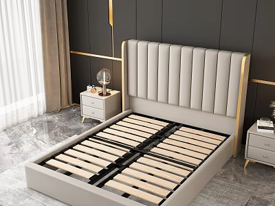 Modern Light Gray Upholstered Bed Frame with Gold Accents and Wooden Slats 3d model