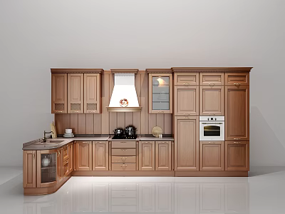 Wooden Kitchen Cabinetry With Upper Lower Cabinets Range Hood And Oven 3d model
