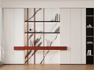 Modern Sideboard With Elegant White Cabinetry Red Countertop Marble Backsplash Open Shelves And Decorative Items 3d model